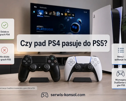 Pad od PS4 DualShock 4 obok konsoli PS5 z informacją o kompatybilności kontrolerów PlayStation