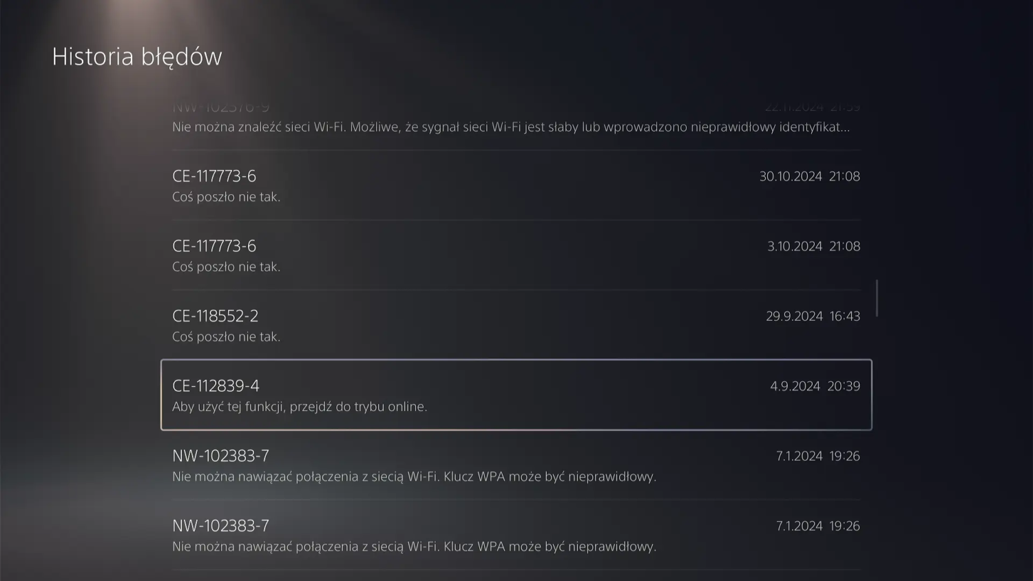 PS5 błąd CE-117773-6 historia błędów lista PS5 błąd CE-117773-6 historia błędów lista ekran