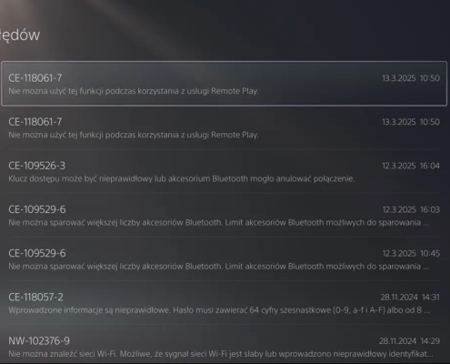 PS5 historia błędów CE z opisami problemów