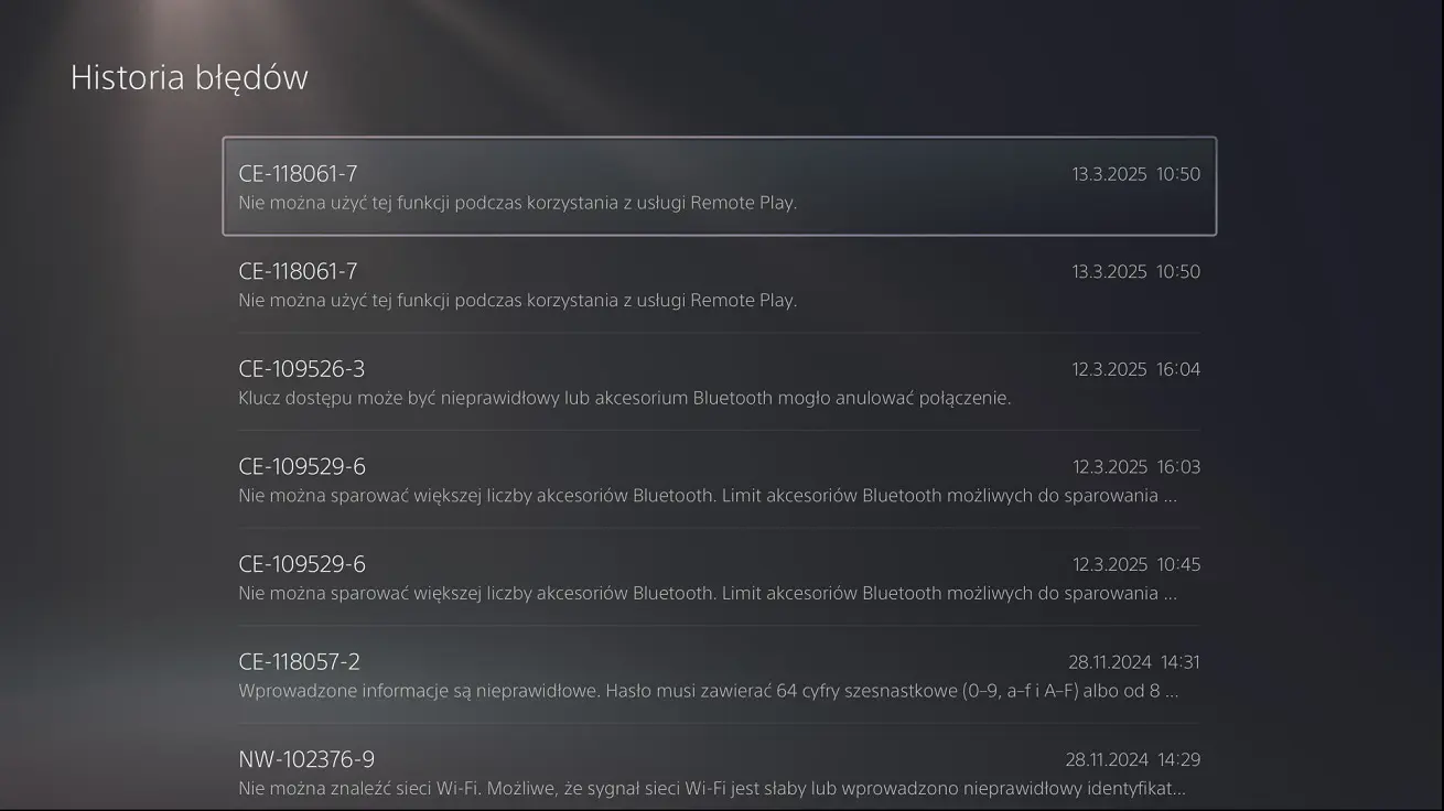 PS5 historia błędów CE PS5 historia błędów CE z opisami problemów
