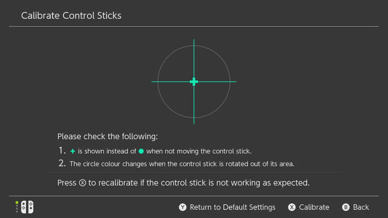 Wymiana analoga Nintendo Switch Joy-Con kalibracja krok 2 krzyżyk i kolko Wymiana analoga Nintendo Switch Joy-Con kalibracja krok 2 krzyżyk i kolko etap