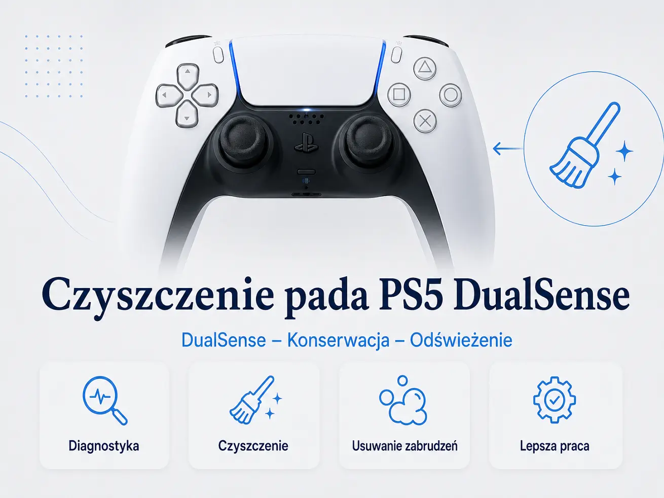 Czyszczenie pada PS5 - profesjonalne odświeżenie i serwis kontrolera DualSense Czyszczenie pada PS5 poprawiające działanie, higienę i komfort użytkowania kontrolera